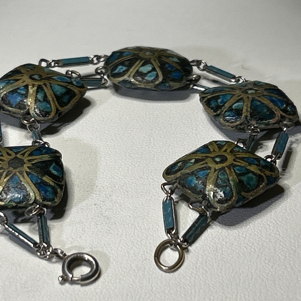 Vintage‎ Sterling Tibet Nepalese Style Turquoise Wire Inlay Bead Bracelet 5515 - Picture 10 of 13